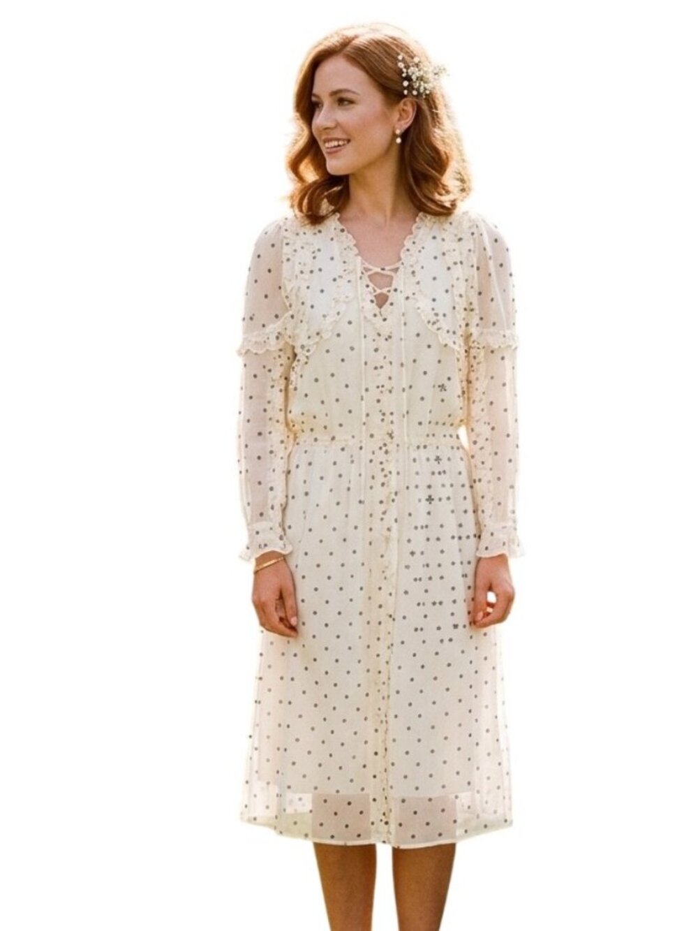 Koché Collective Ruffle Polka Dot Dress Bow Frill Romantic Feminine Size 38